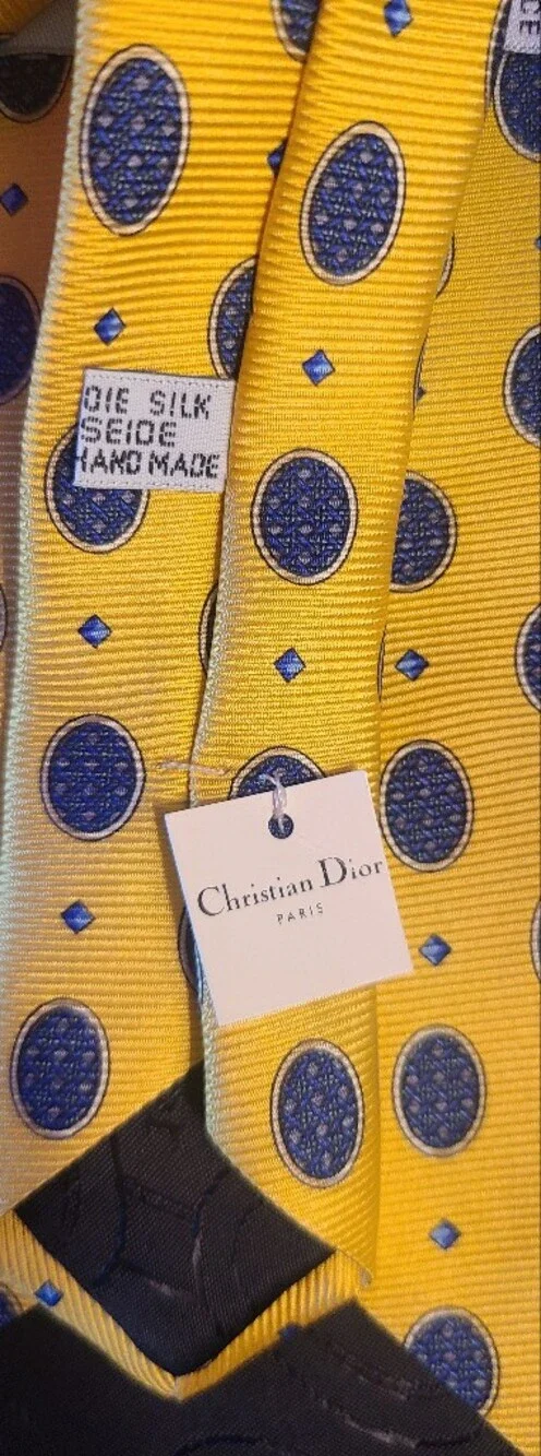 Dior Yellow Silk Tie with Navy Oval Motif